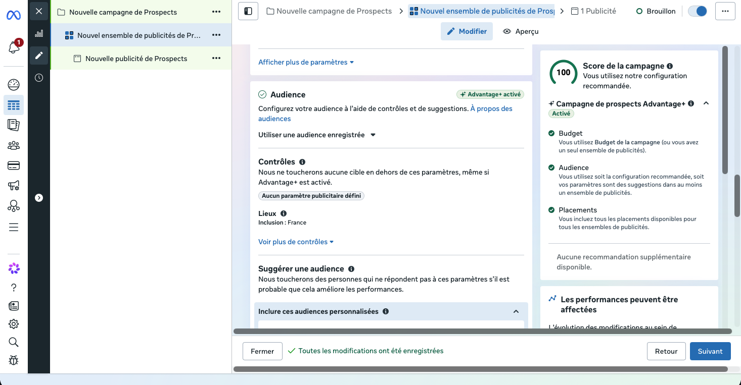 Tableau de bord Meta Ads Manager pour une campagne publicitaire Meta optimisée